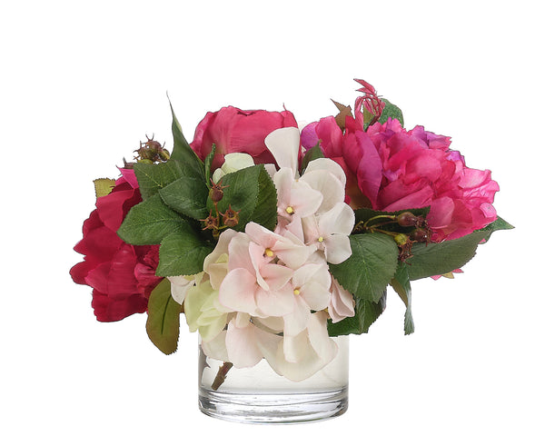 Peony Hydrangea, Fuchsia Pink, Glass Cylinder 8″