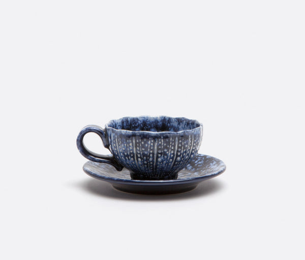 ISLA, SPOTTED WHITE/NAVY CUP AND SAUCER, PACK/4